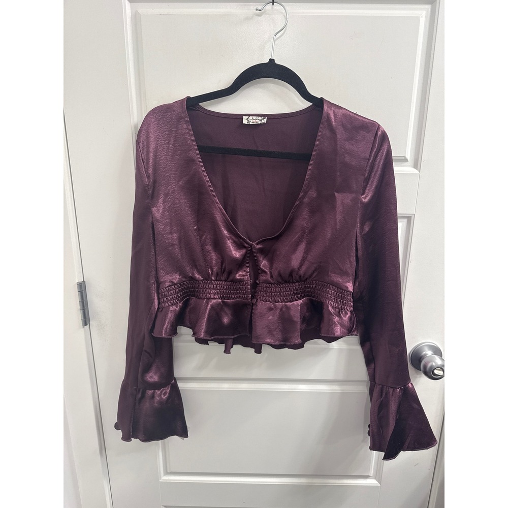 Intimately Free People Satin Crop Top Eggplant Purple Smocked Bell Sleeve Small